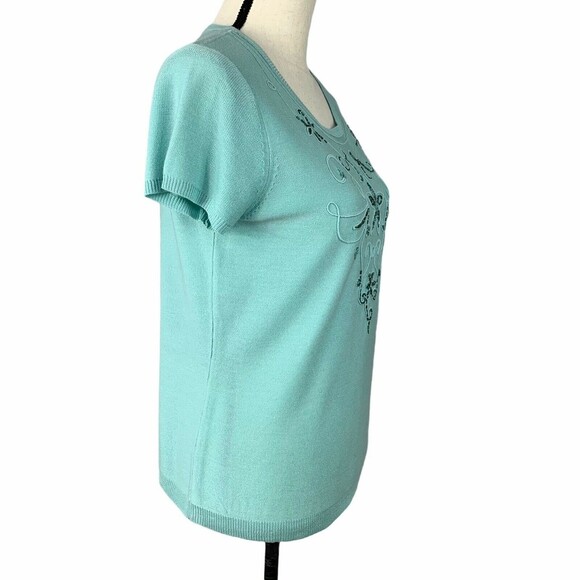 Requirements Fine Knit Beaded Sweater Women Size 8 Aqua Cap Sleeve - Picture 6 of 7